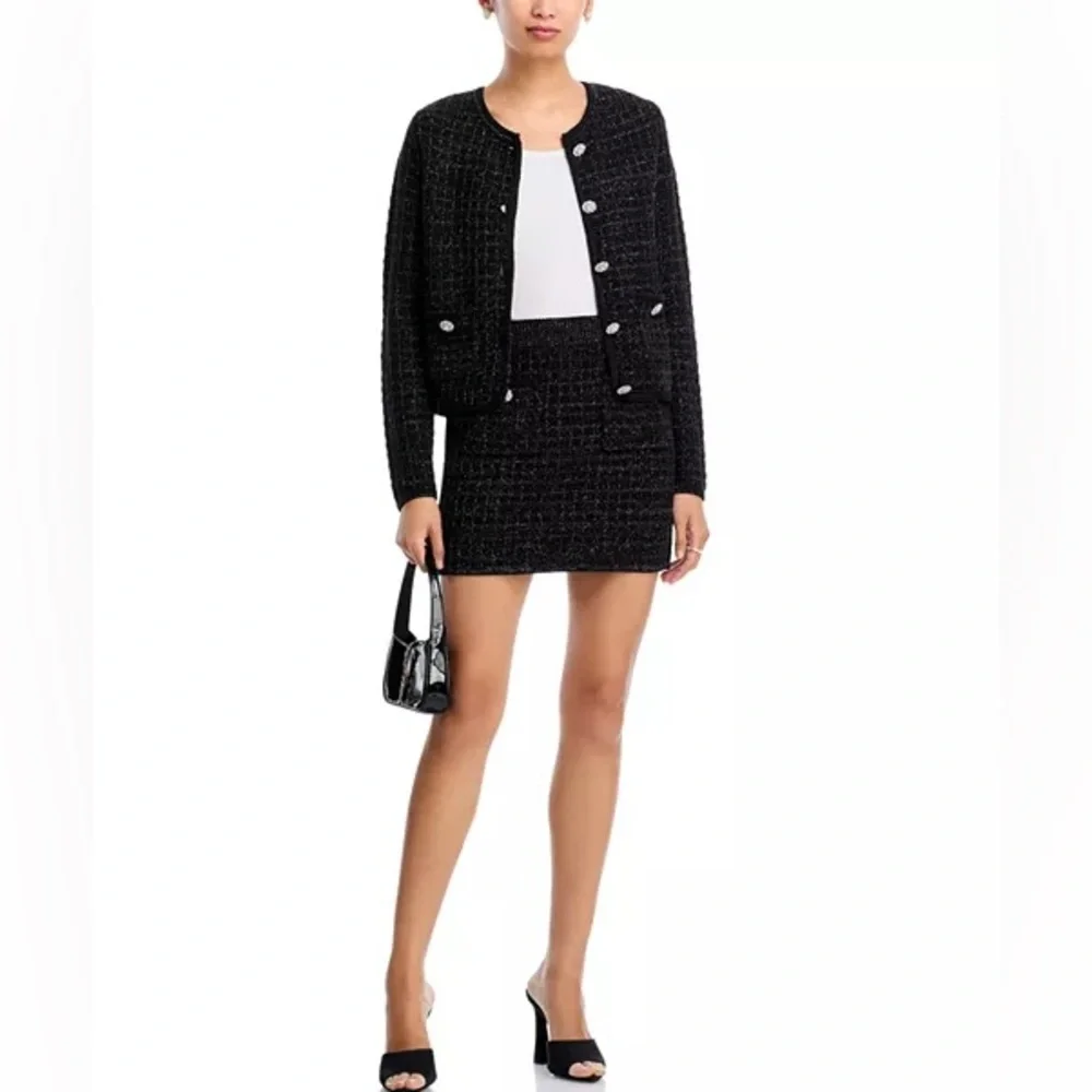 Aqua Elegant Black Tweed Cardigan Sweater with Crystal Buttons